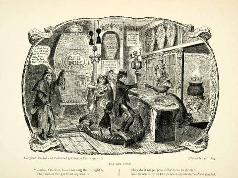 1893 THE GIN SHOP PRINT DI GEORGE CRUIKSANK
